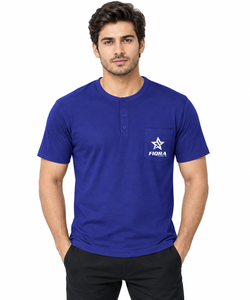 High Quality 100% Cotton Men's <b>Henley</b> T-<b>Shirt</b> Royal Blue Front Button Placket Chest Pocket Short Sleeve Tee 220 GSM Wholesale - Product Image 1