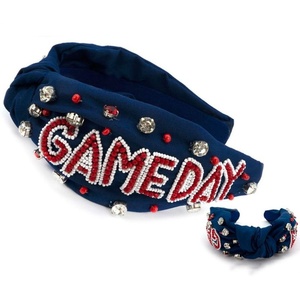 <b>Navy</b> <b>Blue</b> Heavy Duty Beaded <b>Headband</b> Gameday Handmade Sports Fan Hairband with Rhinestones & Crystal Embellishments <b>Headbands</b> - Product Image 1