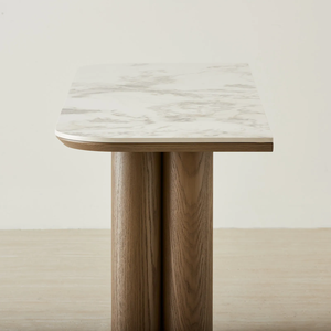 Mesa Consola Moderna Minimalista con Tapa de Mármol y Base de Pedestal de Teca Sólida con Panel de Almacenamiento - Muebles para Sala de Estar Saila - Product Image 4