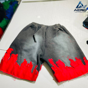 Custom Vintage Wash <b>Men's</b> <b>Shorts</b> <b>Red</b> Flame Patchwork Streetwear High Quality Acid Wash Fleece Cotton Heavyweight Gym <b>Shorts</b> - Product Image 2