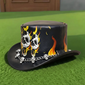 Sombrero de Copa Negro de Cuero Hecho a Mano de Primera Calidad con Calaveras y Llamas, Estilo Steampunk Gótico Rocker para Festivales - Product Image 2
