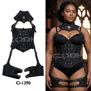 Corset en denim noir de qualité supérieure, style gothique et mode, avec harnais pour le cou et les jambes - Product Image 5