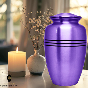 Urne funéraire en métal violet mat pour cendres humaines adultes |   Bandes noires au design moderne |   Capacité écologique de 220 pouces cubes - Product Image 3