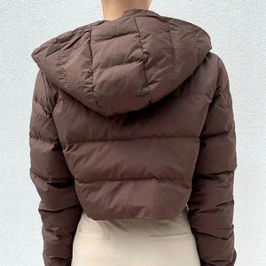 Chaqueta Acolchada Negra para Mujer, con Capucha, Cierre de Cremallera Corta, Manga Larga, Abrigo Cálido de Invierno, Color Sólido, Relleno Grueso de Poliéster - Product Image 5