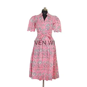 2024 Summer Vintage Design Floral Print Short Sleeve New Dress Women Casual Cotton Midi Belt Dresses Wholesale And Manufacture