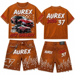 Summer <b>Men's</b> Cropped T Shirt Shorts Set Streetwear <b>Studded</b> Acid Wash 100% Cotton Custom Printed Two Piece Set - Product Image 1