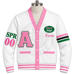 Cardigans personnalisés Alpha Sorority, col en V, en acrylique tricoté, noirs, pour femmes, avec broderie chenille grecque, style color block varsity. - Product Image 2