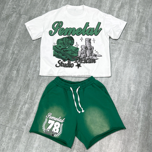 ชุดเซ็ต 2 ชิ้นสำหรับผู้ชาย Jemetal เสื้อยืดสีขาว กางเกงขาสั้นสีเขียว สไตล์สตรีท พิมพ์ลาย ชุดฤดูร้อน คอกลม ผ้าฝ้ายระบายอากาศได้ดี - Product Image 1