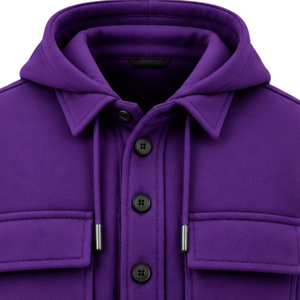 Veste shacket à capuche pour homme, violette, boutonnée, à manches longues, style utilitaire, avec poches à rabat sur la poitrine, style streetwear décontracté - Product Image 5