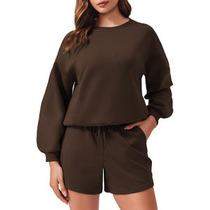 Conjunto Deportivo de Dos Piezas para Mujer, Invierno, Color Sólido, 100% Algodón, Sudadera Holgada para Pantalones Cortos, Conjunto Deportivo Informal y Cómodo - Product Image 3