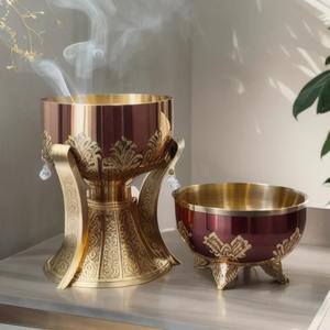 Brûleur d'encens en laiton doré, design moderne artisanal, avec cendrier, gravures minimalistes, diffuseur d'arômes en métal pour bâtonnets d'encens - Product Image 3