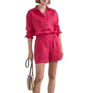 Effortless Summer Style Linen Regular Shorts Lace Detail Waist Dark Tort Buttons Front Slant Pockets Breathable Comfort - Product Image 1