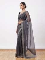 Sari en soie gris élégant imprimé motif flocon avec bordure brodée argentée pour femme, tenue de mariage, longueur au sol, coupe classique