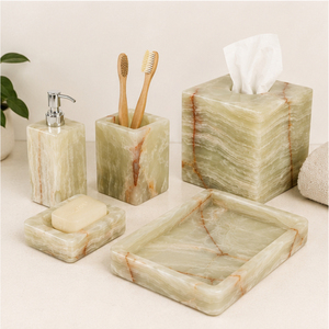 Ensemble d'accessoires de salle de bain en onyx vert naturel créatif, distributeur de savon, boîte à mouchoirs et plateau en marbre pour hôtels et villas, meilleur prix - Product Image 1