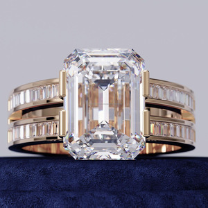 <b>Emerald</b> Cut Moissanite Diamond Engagement <b>Ring</b> Channel Baguette Cut Double Band Statement <b>Ring</b> 925 Sterling <b>Silver</b> Jewelry - Product Image 1