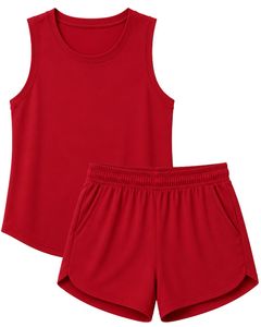 Women Red Sleeveless Tank Top And Shorts <b>Set</b> Cotton Spandex Casual Summer Lounge Wear Two Piece Outfit Fitness Yoga OEM Supplier - Product Image 1