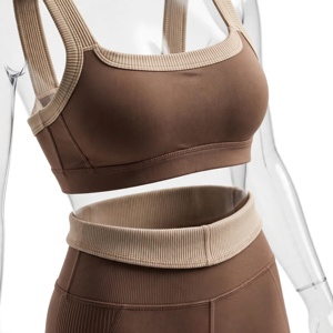 Conjunto de Yoga para Mujer: Sujetador Deportivo con Espalda Cruzada y Cuello Redondo, Leggings de Cintura Alta de Longitud Completa, Color Marrón Sólido, Acanalado, Sin Costuras, de Spandex/Nylon Térmico - Product Image 6