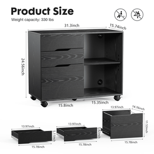 Mobiletto Portadocumenti a 3 Cassetti con Ruote, Supporto per Stampante in Legno con Ripiani Aperti per Ufficio Domestico, Nero - Product Image 5