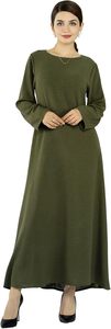 Abaya pour femme vert olive uni, manches longues, col rond, longueur ras du sol, robe modeste avec fentes et poches, pour usage quotidien - Product Image 6