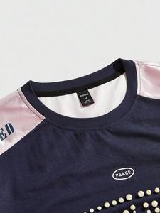 เสื้อยืดผู้ชายประดับมุกโอเวอร์ไซส์สตรีทแวร์ผ้าฝ้ายผสมสีกรมท่าสีชมพูคอนทราสต์แพนเนล Y2K กราฟิกเสื้อฟุตบอลอเมริกัน - Product Image 2