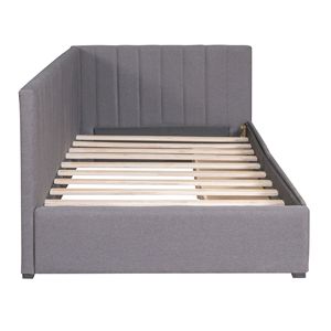 Divano letto imbottito a una piazza e mezza con 2 cassetti contenitore, in tessuto grigio lino, non richiede rete a molle, struttura letto divano - Product Image 6