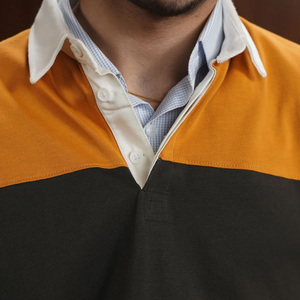 Chemise polo décontractée en coton pour homme, coupe ample, style rugby, color block, design uni, boutons sur le devant, couleur moutarde et noir - Product Image 1