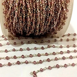 Chaîne de chapelet en argent sterling avec perles de rhodonite facettées rondelles de 3 mm, vendue au mètre - Product Image 2