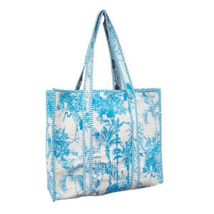 Bolsa de Mano de Algodón con Estampado Floral Hecho a Mano, con Ribete Azul a Rayas, Estilo Bohemio, Abertura Superior Abierta, para Compras y Viajes, para Usar en Todas las Estaciones - Product Image 2