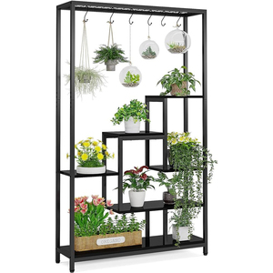 Large Multi-Tier Metal Indoor Plant <b>Stand</b> With Rolling Wheels Flower <b>Pot</b> Shelf With Hanging Rack And Hooks For Living Room - Product Image 2