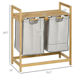 Cesto Portabiancheria Doppio in Bambù con Ripiano, 2 Sacchi Estraibili e Rimovibili, Legno Naturale e Grigio Scuro per Bagno - Product Image 3