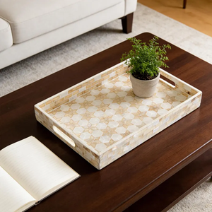 blossom craft india <b>Square</b> Mother-of-Pearl Inlay Tray Natural Shell Tray with Handle - Product Image 5