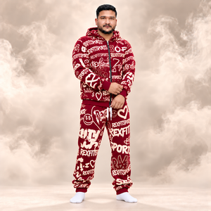 Conjunto Deportivo Unisex con Estampado Gráfico en Borgoña y Crema, Sudadera con Cremallera y Pantalones Jogger, Etiqueta Personalizada, Estampado Completo, Ropa Urbana al por Mayor - Product Image 1