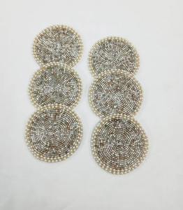 Handmade white and gold round <b>beaded</b> <b>coasters</b> - Set of 6 by whimsy art craft - Product Image 2