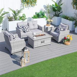 Grey <b>Fire</b> <b>Pit</b> <b>Table</b> <b>with</b> Rattan Wicker Sofa Chair Set Outdoor <b>Garden</b> <b>Furniture</b> - Product Image 1