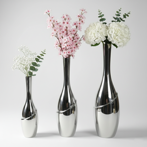 Juego de 3 jarrones de flores de aluminio fundido con baño de plata de lujo, diseño espiral cromado moderno y minimalista para decoración de hogar de lujo. - Product Image 1