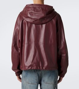 Unisex <b>Burgundy</b> PU <b>Leather</b> <b>Jacket</b> with Front Pocket and Drawstring Waist Hip Hop Woolen Winter Wear OEM ODM - Product Image 3