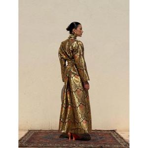 Luxury Kimono-kaftan In Black <b>Gold</b> Silk Brocade Subtle Textured Motif High Neckline Long Straight Silhouette Silk For Women - Product Image 2