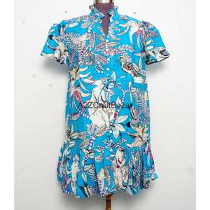 Nuevo Vestido Mini de Oficina para Mujer, Estilo Boho Moderno con Estampado Floral, 100% Algodón Tejido, Cuello en V, Manga Corta, con Botones, para Verano - Product Image 1