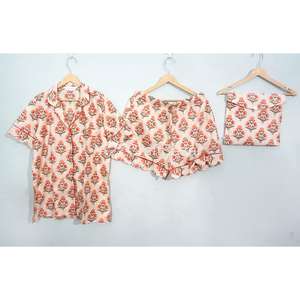 Ensemble de pyjama pour femmes en coton 100% à imprimé floral de luxe, doux et respirant, manches courtes, pour la maison et l'hôtel - Product Image 3