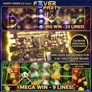 Carte de jeu d'arcade multi-jeux 3 en 1 facile à installer avec support technique 24h/24 et 7j/7 BORDEN Fever Party Happy Miner Panda Master - Product Image 1