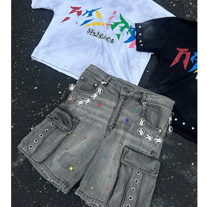 Streetwear décontracté pour hommes T-shirt imprimé à strass et short en jean ensemble en coton lavé à l'acide été recadrée en gros - Product Image 3