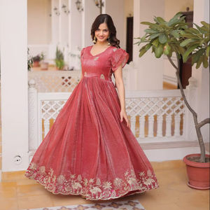 Robe Anarkali brodée argentée pour femmes |   Robe de soirée élégante à manches à volants longues - Product Image 1