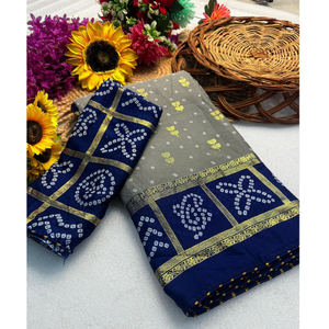 Sari de Diseño Gris de Última Moda con Borde Azul en Contraste – Sari para Festivales y Ocasiones Especiales - Product Image 1