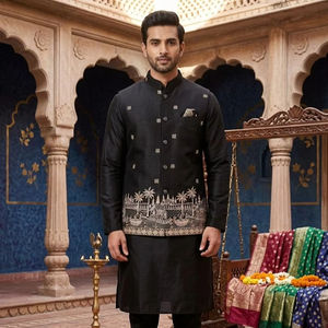 Conjunto de Kurta y Pijama de Seda para Hombre, para Fiestas, con Chaqueta Koti de Satén Malai Bordada - Product Image 1