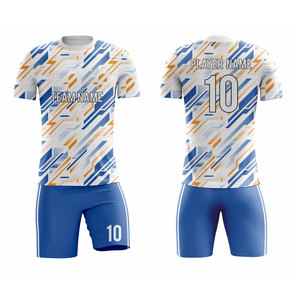 ชุดเสื้อฟุตบอลสีขาวน้ำเงินสำหรับผู้ชาย พร้อมกางเกงขาสั้น พิมพ์ลายแบบ Sublimation ระบายอากาศได้ดี ผลิตจากโพลีเอสเตอร์ พร้อมชื่อทีมและหมายเลขผู้เล่น 10  ทรงแอธเลติก ขนาดผู้ใหญ่ - Product Image 4