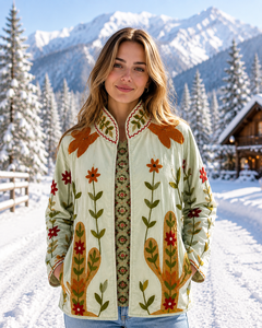 Veste Suzani en velours beige clair pour femme, brodée à la main, motif floral cactus, style bohème ethnique, vêtement d'extérieur de créateur, hiver, vente en gros - Product Image 5