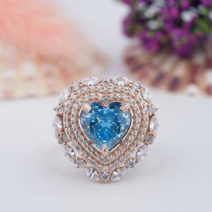 Bague en argent pur S925 plaqué or rose avec pierre précieuse aigue-marine taille cœur, personnalisée en usine, vente en gros, nouvelle collection, luxe léger, pour mariage - Product Image 6