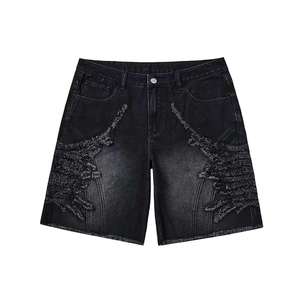 Custom Summer Embroidery Rhinestone Applique Distressed Streetwear Acid Wash <b>Jeans</b> Shorts <b>Men</b> Baggy Denim - Product Image 1