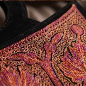 Kashmiri Sozni Embroidery <b>Clutch</b> <b>Bag</b> <b>Black</b> <b>Suede</b> with Crimson & Gold Tilla Work Ring Handle - Product Image 6