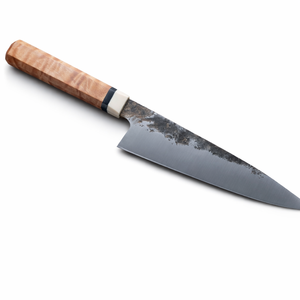 Cuchillo utilitario hecho a mano en acero con alto contenido de carbono, mango de resina, funda de cuero, ambidiestro, apto para lavavajillas, superficie de hoja martillada - Product Image 1